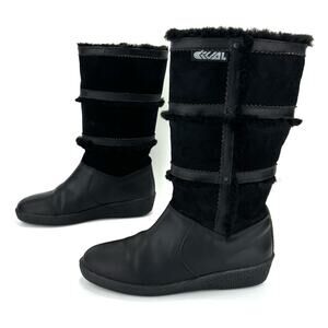 Dival Italy Elisa Black Winter Boot Sz 8 Leather Wool Lining Low Wedge Mid-Calf